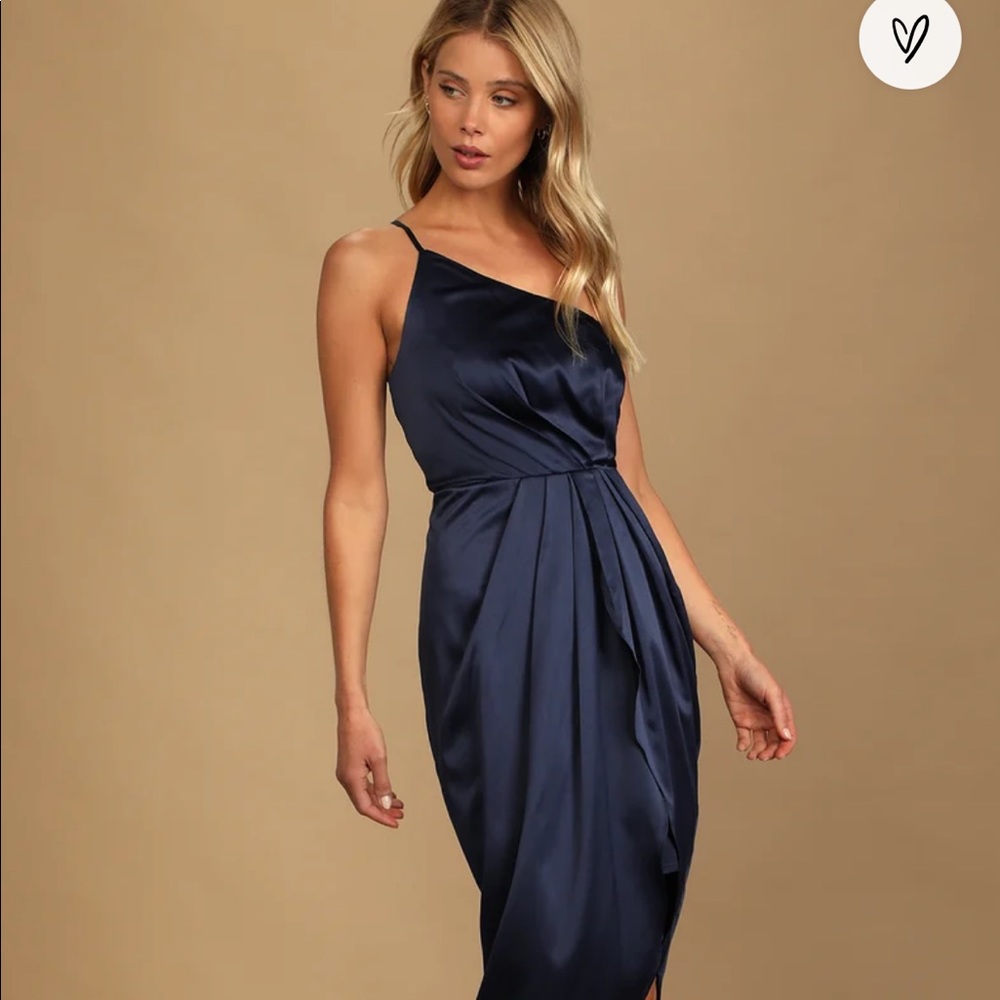 Law of Attraction Navy Blue One-Shoulder Asymmetrical Midi Dress